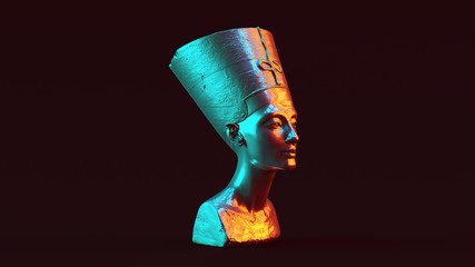 Silver Bust of Nefertiti with Red Orange and Blue Green Moody 80s lighting 3 Quarter Right View 3d illustration 3d render - obrazy, fototapety, plakaty