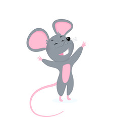 Funny cartoon mouse smiles and pulls hugs. 2020 Year of the Rat