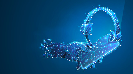 Headset. Headphones with microphone on a phone screen. Abstract, digital, wireframe, low poly, polygonal Raster blue neon 3d illustration. Mobile consultation, problem-solution concept. Line, dot