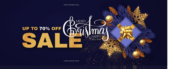 Christmas Sale design template with gifts, fir tree branches, glossy golden balls, elegant gold snowflakes and lettering.