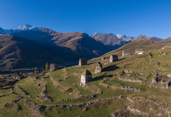Fototapeta na wymiar Mountain landscape and medieval architecture of North Ossetia.