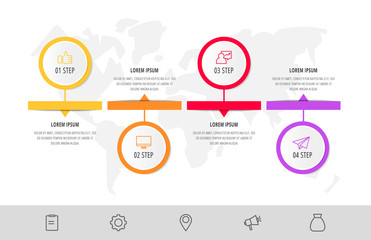 Vector infographic flat template. Circles with arrow for four diagrams, graph, flowchart, timeline, marketing, presentation. Business concept with 4 labels