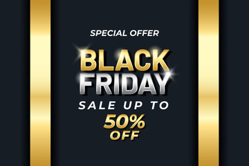 Black friday sale banner with gold color on dark background . Social media banner template, voucher, discount, season sale