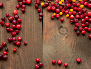  bright red and yellow berries on a wooden background.