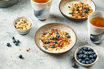 Homemade granola with yogurt and blueberry. Healthy Breakfast. Selective focus.