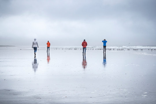 people walking on the beach on a cloudy day