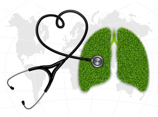 Healthy Lungs pulmonology - a symbolic image with a grass texture and a heart-shaped stethoscope against the backdrop of the globe. Vector graphics.
