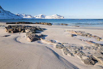 Beautiful white beach on Lofoten islands in winter