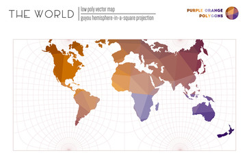 Triangular mesh of the world. Guyou hemisphere-in-a-square projection of the world. Purple Orange colored polygons. Stylish vector illustration.