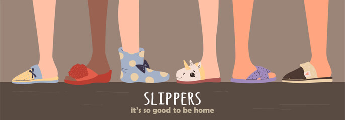 Set of different slippers. illustration with slippers on the feet