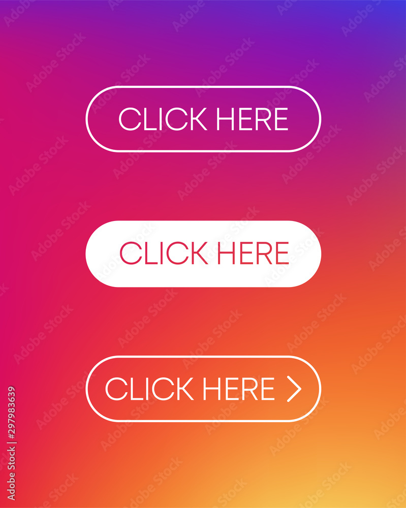 Aufkleber set with three button click here of different design on gradient background. vector illustration.