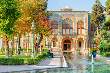 View of the Golestan Palace and fountains in Tehran, Iran