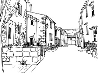 Nice old street in Provence. Urban line sketch. Hand drawn style. Black and white vector illustration on white background.