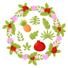 Vector tropical wreath with pomegranate, pineapple fruits on white background. Flat cartoon style illustration setof elements.