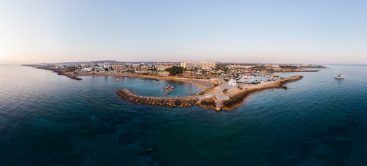 Panorama of the coastline of the beach of the Mediterranean sea. Cyprus Ayia NAPA Protaras 2019 Aerial Photography.