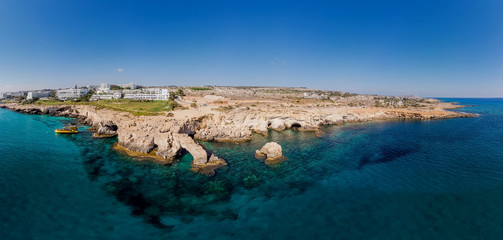 Fototapeta premium Panorama of the coastline of the beach of the Mediterranean sea. Cyprus Ayia NAPA Protaras 2019 Aerial Photography.