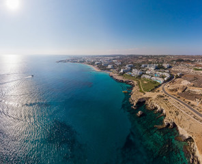 Fototapeta na wymiar Panorama of the coastline of the beach of the Mediterranean sea. Cyprus Ayia NAPA Protaras 2019 Aerial Photography.