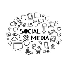 Social media doodle elements. Set of black hand drawn icons with inscription. Vector illustration.