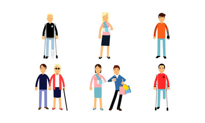 Disabled People On Crutches Or With Prosthesis In Different Poses And Actions Vector Illustration Set Isolated On White Background