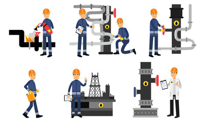 Engineers, Scientists And Workers Characters In The Oil Industry At Different Stages Of Production Vector Illustration Set