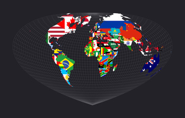 Worldmapwithallcountries andtheirflags. Bottomley projection. Map of the world with meridians on dark background. Vector illustration.