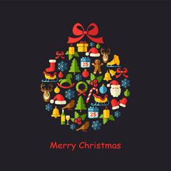 Christmas ball vector background with flat icons. 