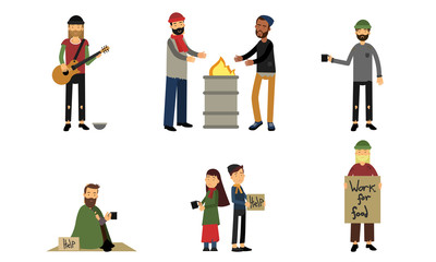 Homeless And Poor People Characters In Different Actions Vector Illustration Set Isolated On White Background