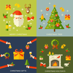 Christmas flat concept with happy holidays at home, christmas gifts and xmas tree isolated vector illustration. Happy new year background.