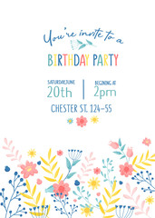 Invitation To Birthday Party In Pastel Colors And Floral Design Vector Illustration