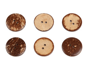 Set of coconut wood natural buttons isolated on white background