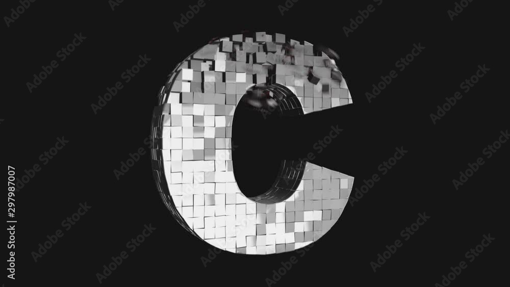 Poster transformer font - build and destroy letter c from metallic cubes, 3d letter animation on dark and c