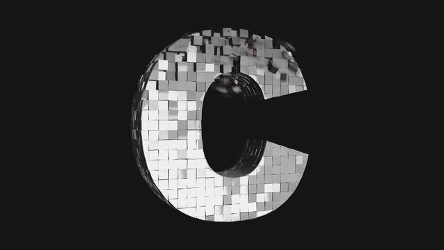 Transformer font - Build and destroy letter C from metallic cubes, 3D letter animation on dark and chroma key green screen background in 4K	