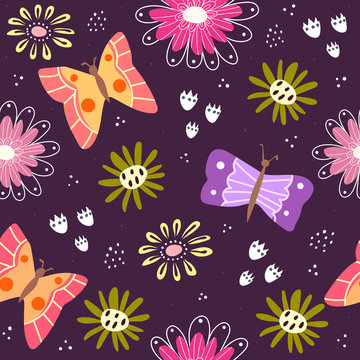 Seamless pattern with cartoon flowers, butterflies, decor elements on a neutral background. Vector flat style. hand drawing. plants theme. Design for fabric, textile, wrapper, print.