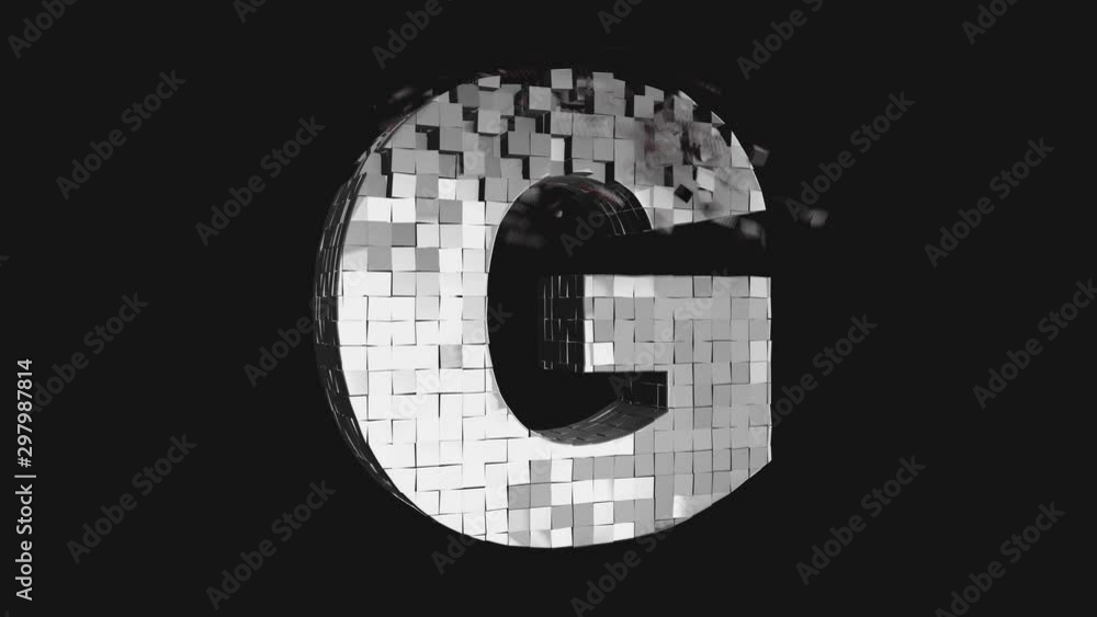 Poster transformer font - build and destroy letter g from metallic cubes, 3d letter animation on dark and c