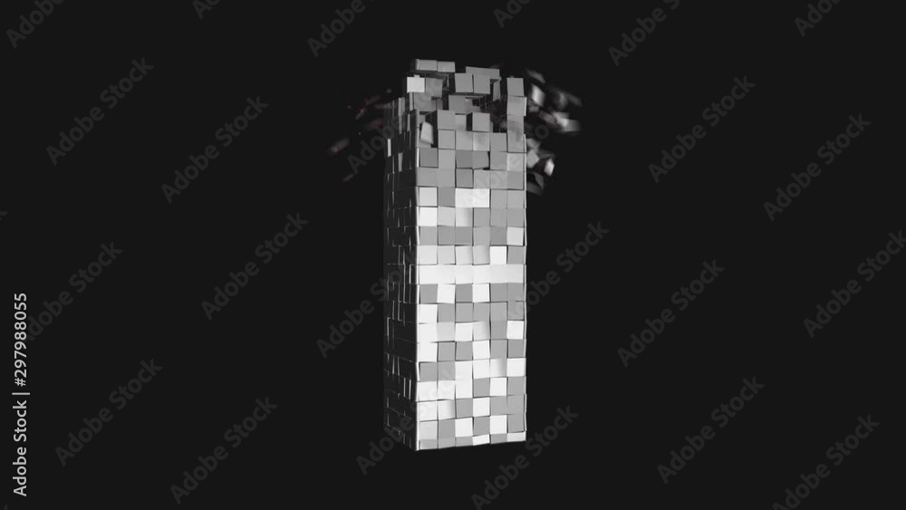 Poster transformer font - build and destroy letter i from metallic cubes, 3d letter animation on dark and c