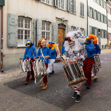 Nadelberg, Basel, Switzerland - March 12th, 2019. Close-up of a snare drum player group