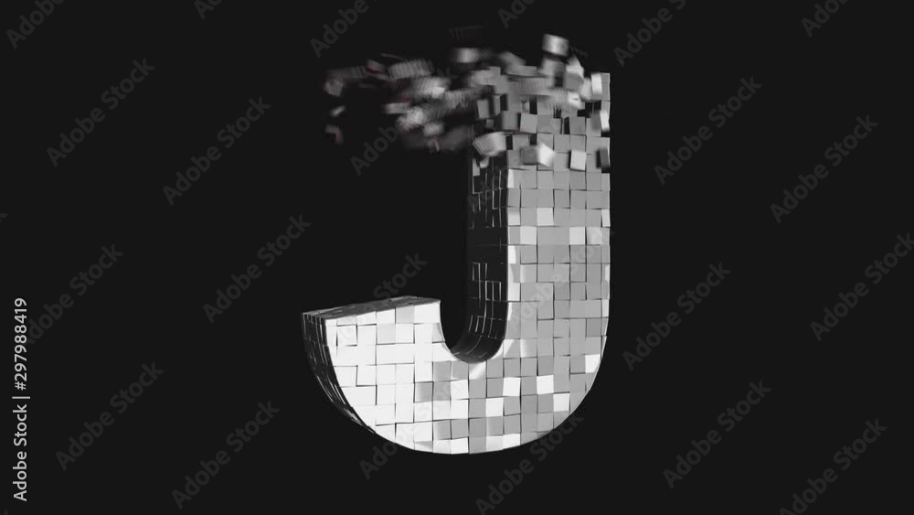 Poster transformer font - build and destroy letter j from metallic cubes, 3d letter animation on dark and c