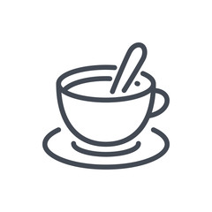 Cup of tea with spoon line icon. Coffee cup with plate vector outline sign.