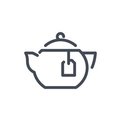 Tea pot with bag of tea line icon. Porcelain tea pot vector outline sign.