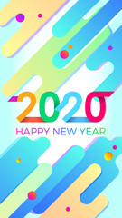 2020 Happy New Year. Paper Memphis geometric bright style for holidays flyers, greetings, invitations, Happy New Year or Merry Christmas cards. Holiday background, poster, banner. Vector Illustration.