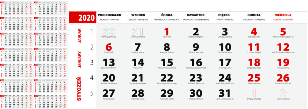 Kalendarium tr&oacute;jdzielne na 2020 rok 