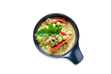 Popula Thai food green curry chicken on white background. top view, isolated