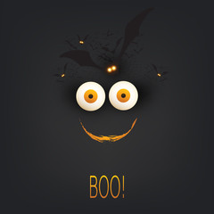Happy Halloween Card Template - Creepy Face with Pop Out Eyes and Bats - Vector Illustration