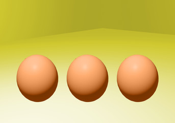 3d three brown eggs isolate on yellow background . 3D render