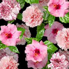 Beautiful floral background of hibiscus and carnations. Isolated