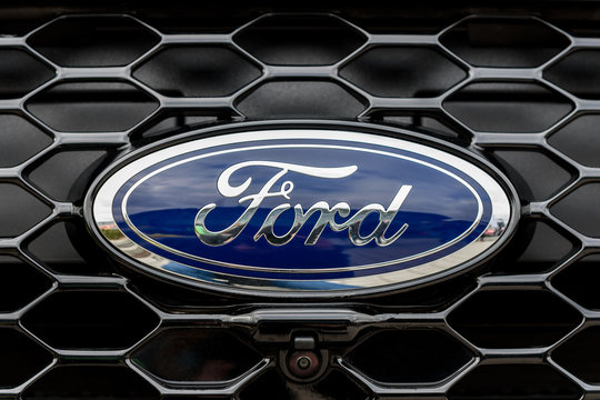 Kielce, Poland, March 16, 2019: Ford sign on a car grilll. The Ford Motor Company is an American multinational automaker headquartered in Dearborn.