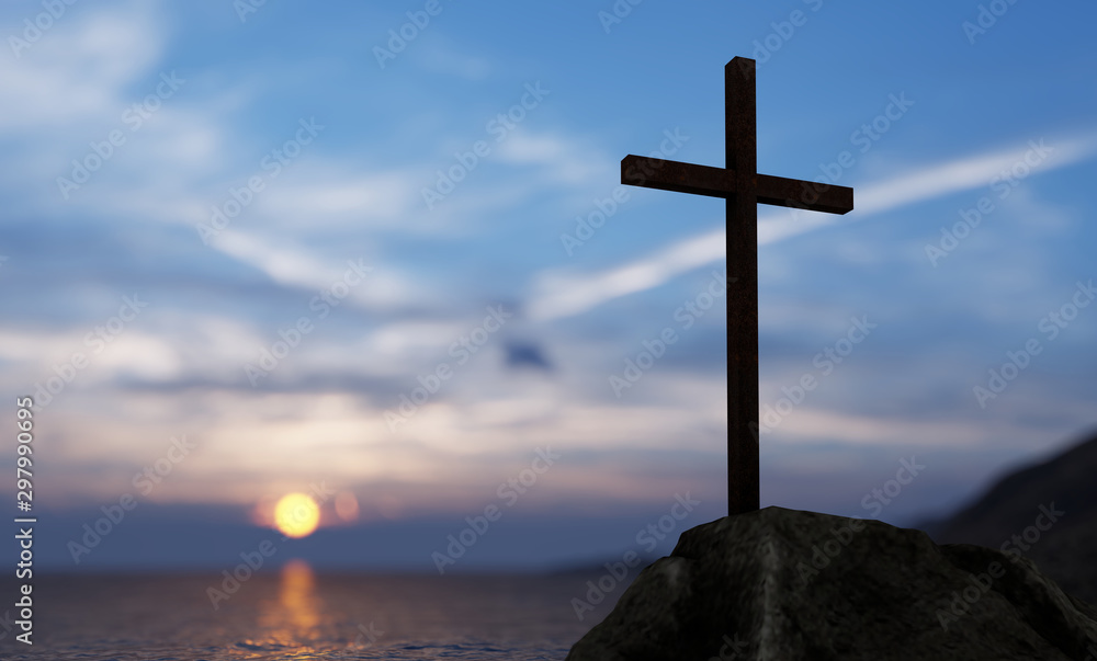 Wall mural Concept or conceptual religious christian cross standing on rock in the sea or ocean over beautiful sunset sky. A background for faith, religion belief, Jesus Christ, spiritual church 3D illustration