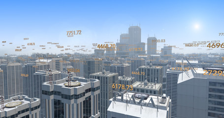 Digital Numbers Flying Over The 3D Metropolitan City - Camera Flight. Business And Economy Related 3D Illustration Render