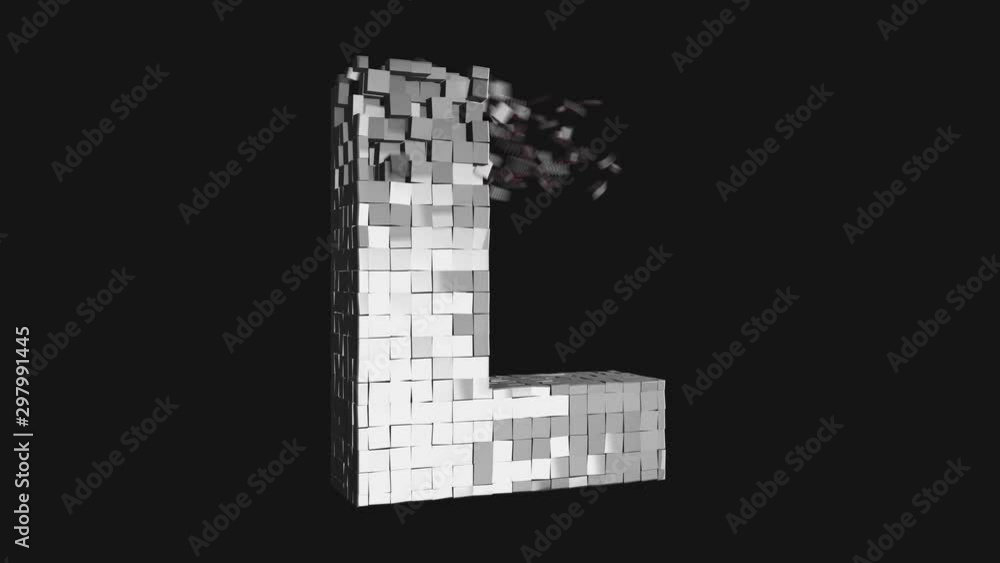 Poster transformer font - build and destroy letter l from metallic cubes, 3d letter animation on dark and c