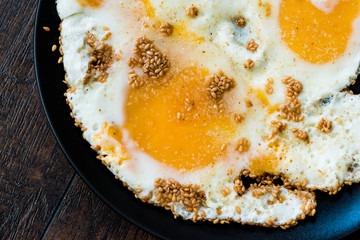 Sesame Seeds with Fried Eggs for Turkish Breakfast.